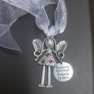 Silver "Sisters" Angel Gift Pendant with Red Hearts